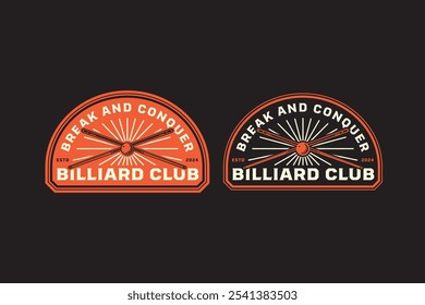 billiard pool cue crossed with cue ball retro badge logo design for billiard sport club. snooker stick crossed with white cue ball vintage emblem logo collection for billiard snooker pool tournament 