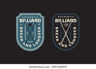 billiard pool cue crossed with balls retro badge logo design for billiard sport club. snooker stick crossed with billiard balls vintage emblem logo collection for billiard snooker pool tournament 