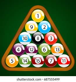 Billiard - Pool - Snooker Balls in a Triangle Wooden Rack Vector Set