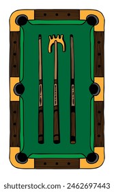 Billiard pool, snooker table with cues top view. Hand drawn in cartoon style