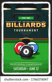 Billiard Pool Tournament Retro Vector Poster. Balls For English And American Billiard In Front Of Pocket On Table With Green Cloth. Pool Championship, Cue Sports Competition Vector Flyer Or Banner