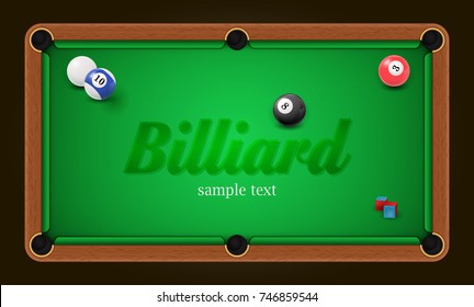 Billiard poster. Pool table background illustration with billiard balls and billiard chalk. EPS 10