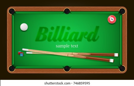 Billiard poster. Pool table background illustration with billiard balls and billiard chalk and cue. EPS 10