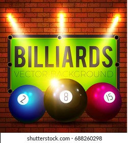 Billiard Poster Template with Front View Balls, Table, Brick Wall and Spotlights. Vector illustration