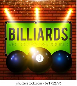 Billiard Poster Template with Front View Balls, Table, Brick Wall and Spotlights. Vector illustration