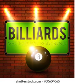 Billiard Poster Template with Front View Ball, Table, Brick Wall and Spotlights. Vector illustration