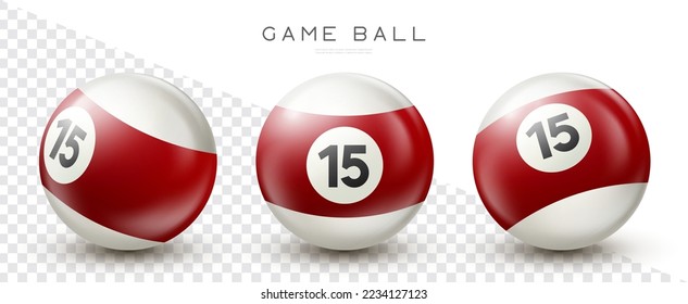 Billiard, red pool ball with number 15 Snooker or lottery ball on transparent background Vector illustration