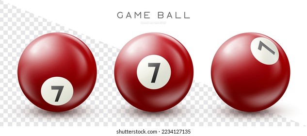 Billiard, red pool ball with number 7 Snooker or lottery ball on transparent background Vector illustration