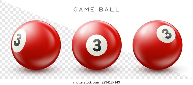 Billiard, red pool ball with number 3 Snooker or lottery ball on transparent background Vector illustration