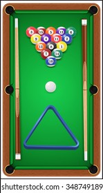 Billiard set. Billard balls, cue and billiard triangle in a pool table. Vector illustration. EPS 10