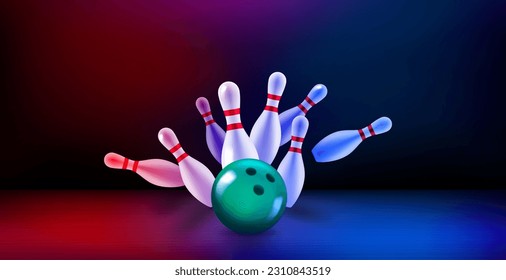 Billiard skittles and the ball on bowling valley. 3d vector illustration. Strike concept