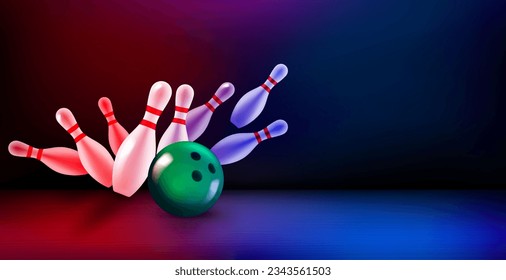 Billiard skittles and the ball on bowling valley. 3d vector banner with copy space