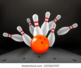 Billiard skittles and yellow ball on bowling valley. 3d vector illustration. Strike concept
