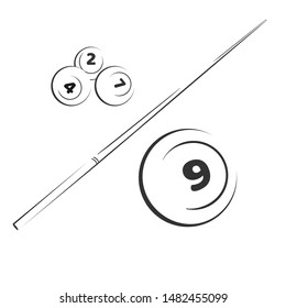 Billiard snooker elements balls with numbers and sticks. Black and white vector illustration set