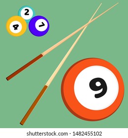 Billiard snooker elements balls with numbers and sticks. Colored vector illustration set