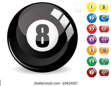 Billiard snooker - pool ball eight - 8 ball - black and other fifteen 15 billiard balls, isolated on white, with reflections, vector illustration