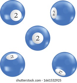 Billiard snooker pool ball with number 2 isolated with five perspectives . Vector illustration. EPS 10. 
