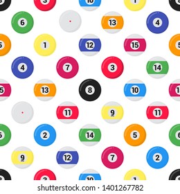Billiard, snooker and pool balls seamless pattern, flat style design vector illustration icons signs set isolated on white background. 
