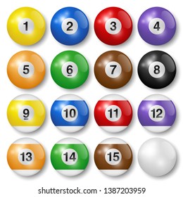 Billiard, snooker or pool balls with shadows, isolated on white background. High quality, photorealistic vector illustration.