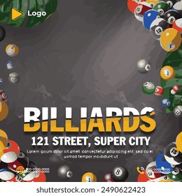 Billiard sport club and poolroom banner template design | Tournament billiards official sponsors vertical social media banner post design template | social meida banner and poster design template