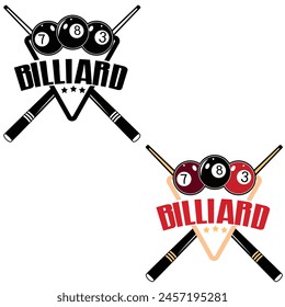 Billiard sport emblem, logo with crossed billiards cue. Black and white billiard team or sport club emblem design