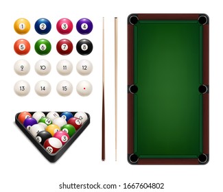 Billiard sport game balls, table, cues and rack realistic vector design of pool and snooker equipment. Pyramid of colorful balls, wooden cue sticks and triangle frame, green table with pockets