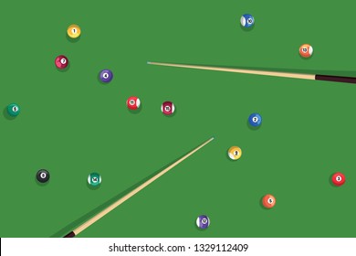 Billiard stick and pool balls on green billiard table top view. Biliard balls and cue for pool game on green table