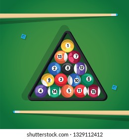 Billiard stick and pool balls in triangle on green table for game. Biliard balls, triangle and cue for game on green table top view