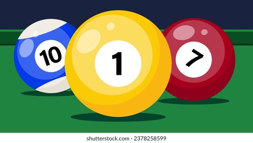 Billiard table with balls close up. Snooker or pool sport play, banner template. Vector illustration