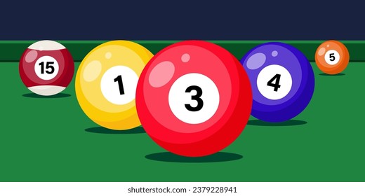 Billiard table with balls close up. Snooker or pool sport play, banner template. Vector illustration
