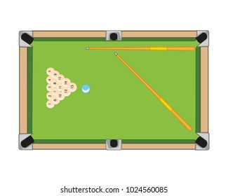 Billiard table and balls with cue on white background is insulated