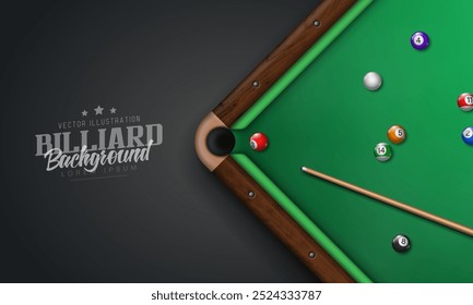 Billiard table with balls and cue. Pool table top view. Vector illustration.