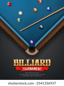 Billiard table with balls and cue. Pool table top view. Poster for sports championship. Vector illustration.