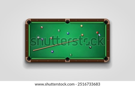 Billiard table with balls and cue. Pool table top view. Vector illustration.