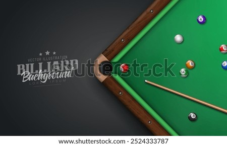 Billiard table with balls and cue. Pool table top view. Vector illustration.