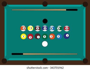 Billiard table, billiard balls, two cue