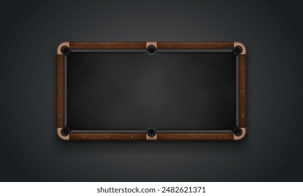 Billiard table with black cloth on dark background. Empty pool table top view. Vector illustration.