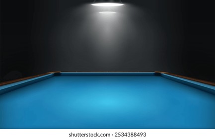 Mesa de bilhar com pano azul no quarto escuro. Tabela de piscina vazia com iluminação traseira. Ilustração vetorial.