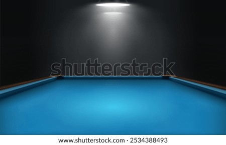 Billiard table with blue cloth in dark room. Empty pool table with backlight. Vector illustration.