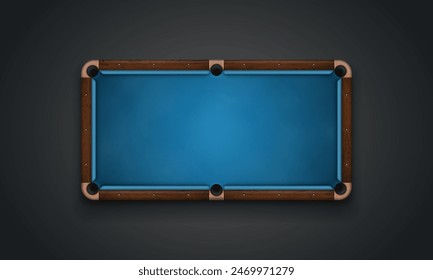 Mesa de billar con paño azul sobre fondo oscuro. Vista superior vacía de la mesa de billar. Ilustración vectorial.