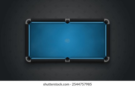 Billiard table with blue cloth on dark background. Empty pool table top view. Vector illustration.