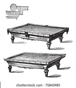 Billiard table and Carom billiards, tables, vintage engraved illustration of Billiard table and Carom billiards, tables, isolated on a white background.