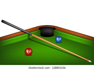 Billiard table with billiard cue and billiard balls