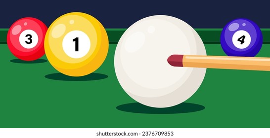 Mesa billar con bola de juego de golpes de pista. Sala de billar. Las bolas de billar se cierran. Juego deportivo de billar o de billar, plantilla de banner. Ilustración del vector