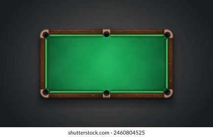 Billiard table with green cloth on dark background. Empty pool table top view. Vector illustration.