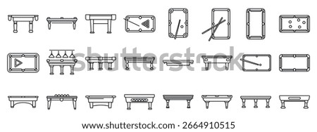  Billiard table icons set. Set of billiard table icons representing different styles and perspectives of playing tables for cue sports, including pool, snooker, and billiards