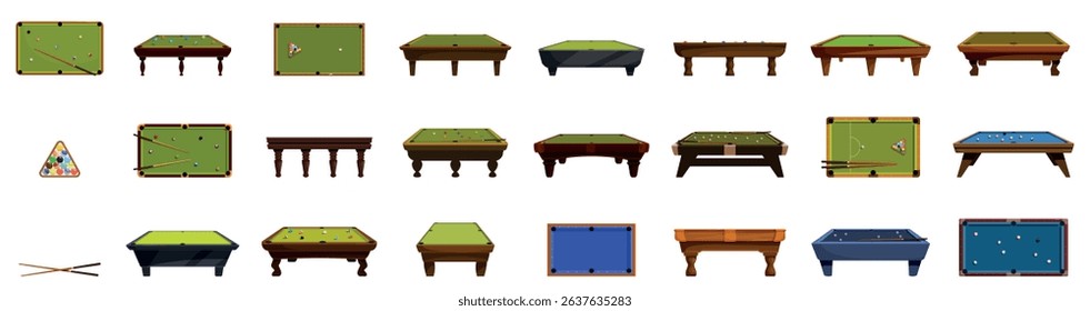 Billiard table icons set. Set of billiard tables showing various game stages and table designs, ideal for illustrating game concepts or leisure activities