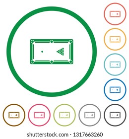 Billiard table initial state flat color icons in round outlines on white background