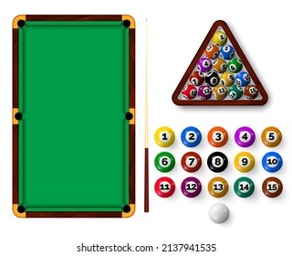 Billiard table with pockets, balls, triangle rack and cue. Realistic snooker sport equipment, green pool table top view and ball vector set. Game for entertainment and recreation or professional sport