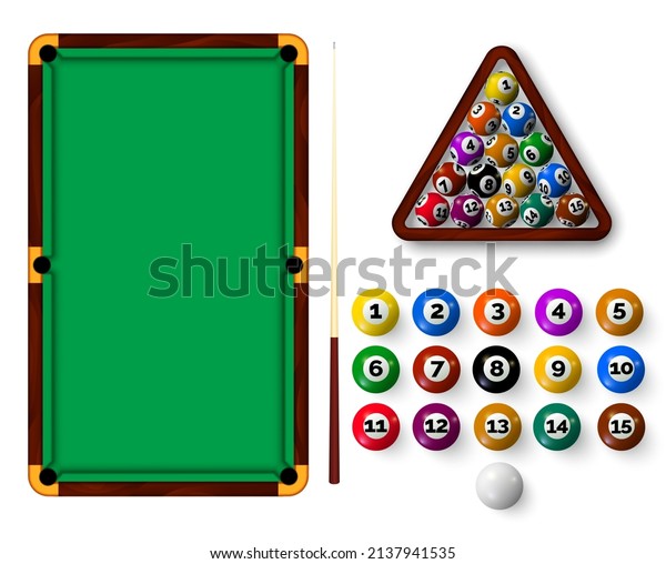 Billiard table with pockets, balls, triangle rack\
and cue. Realistic snooker sport equipment, green pool table top\
view and ball vector set. Game for entertainment and recreation or\
professional sport